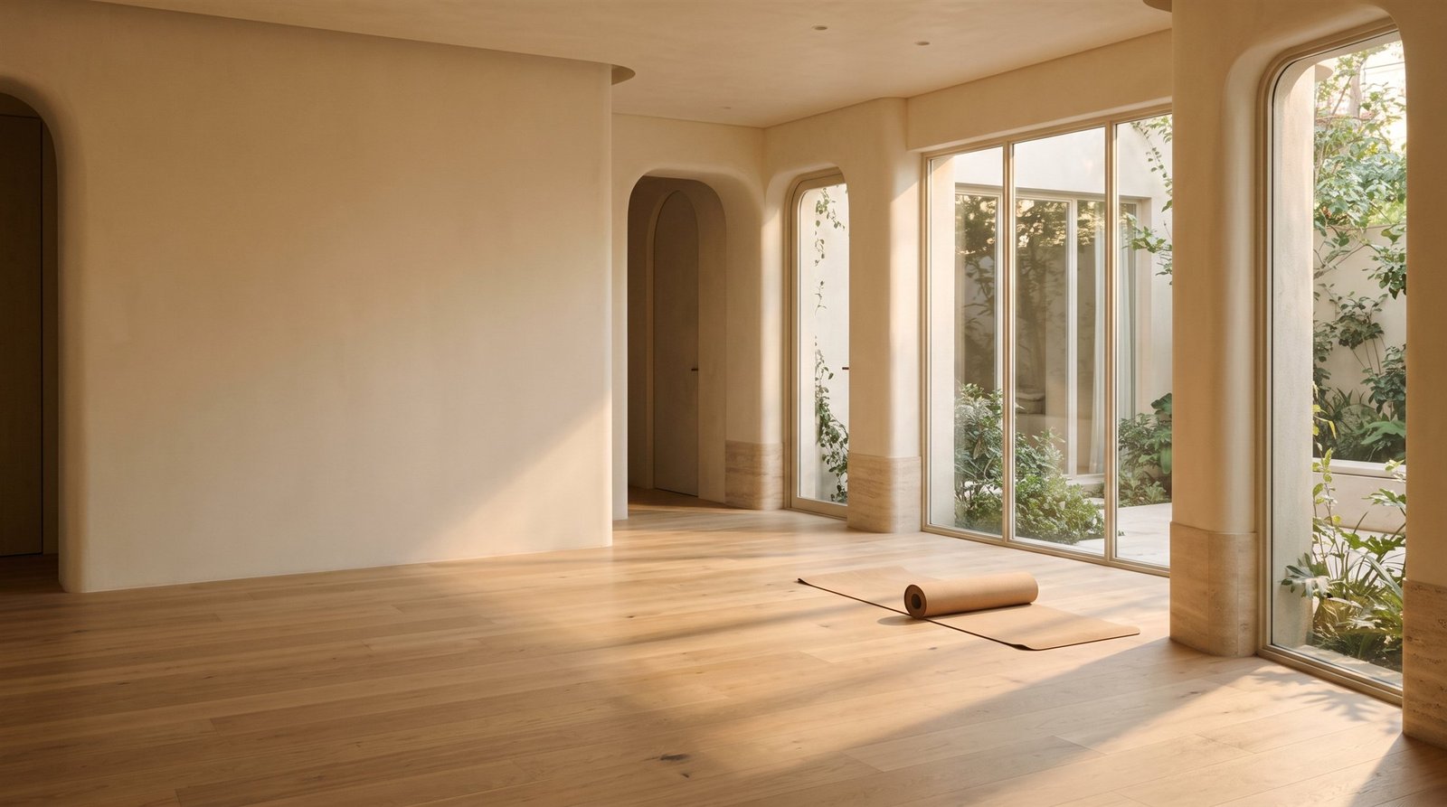 Espacio en calma preparado para una clase de yoga restaurativo